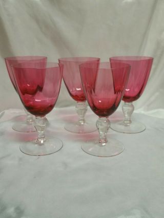 Vintage Cranberry Glass Wine Goblets With Clear Stems Set Of 5