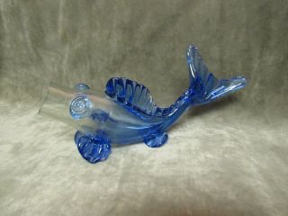 Vintage Art Glass Blue And Clear Color Hand Blown / Made Fish Vase / Bottle