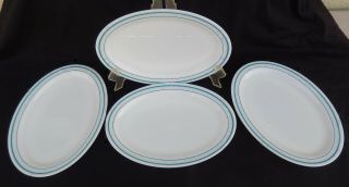 4 Vtg.  Pyrex Corning 12 - 1/2 " Oval Plates With Blue/turquoise Bands