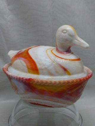 Westmoreland Mold White And Orange Slag Glass Duck On A Nest