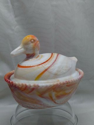 Westmoreland Mold White and Orange Slag Glass Duck on a Nest 2
