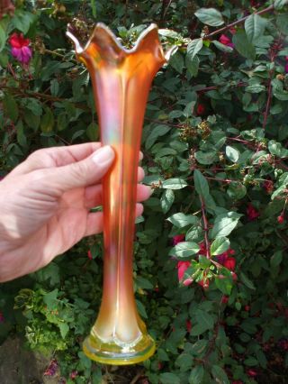 Fenton Vaseline Uranium Carnival Glass Flute Vase.  Glows Under Uv.  Scarce Colour.