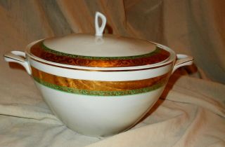 Vintage Made In Poland Green Gold Trim Soup Tureen Looks