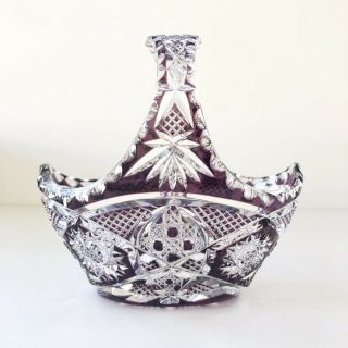 Vintage Czech Bohemian Purple Hand Cut To Clear Crystal Oval Basket Dish