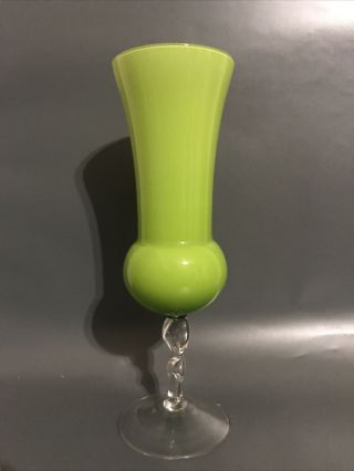 Large Mid Century Empoli Cased Glass Lime Green Vase Twist Stem