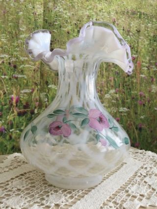 Vintage Fenton Hand Painted Pink Crest Opalescent Diamond Vase.  Stunning