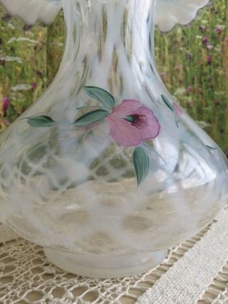 Vintage Fenton Hand Painted Pink Crest Opalescent Diamond Vase.  STUNNING 3