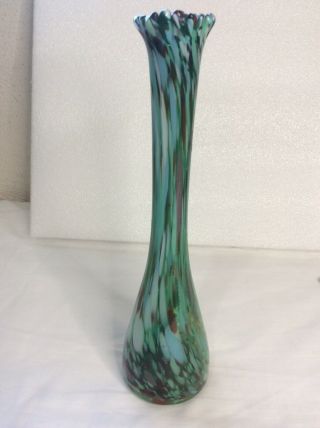 Vintage Murano Art Glass Hand Blown Vase Swung 10 1/2” Splattered Blues Green E
