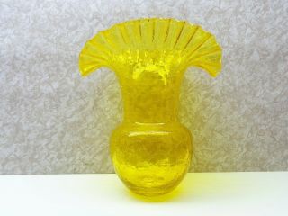 Vintage Blenko Crackle Glass Jonquil Yellow 390 8 " Crimped Ruffled Vase