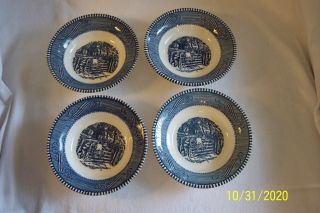 4) Blue & White Currier And Ives Royal China 5 1/2 " Fruit Dessert Bowls Vgc