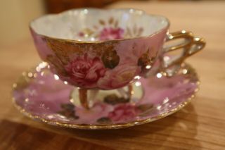 Sterling China Lusterware Roses Footed Pedestal Tea Cup & Reticulated Saucer