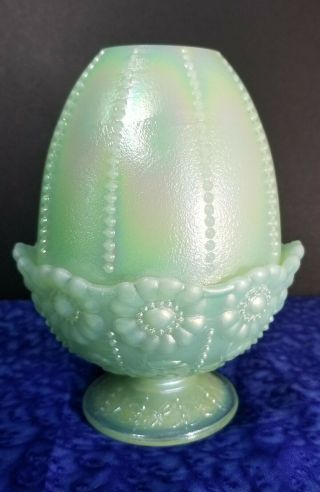 Fenton Vintage Opalescent Sea Green Satin Beaded & Daisies 2 - Piece Fairy Light