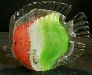 Vintage Murano Art Glass Angel Fish Red,  White Green & Clear 5.  5 " X 7 " X 3.  5 " Ex