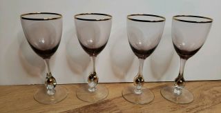 4 Vintage Czech Atlas Hand Blown Wine Glasses Encased Gold Ball Stem Mcm