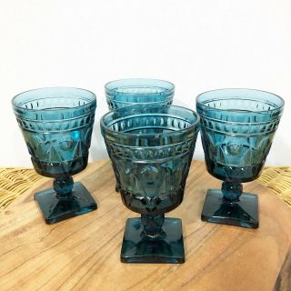 Four Indiana Park Lane Colony Blue Glass Goblets Vintage Stemware