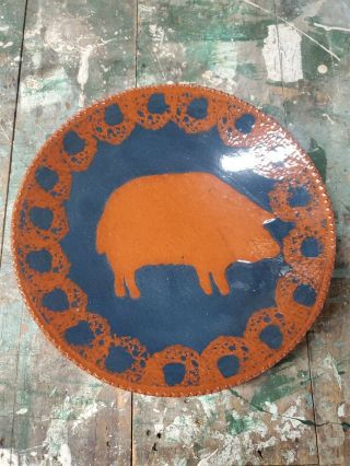 Ned Foltz Pottery Redware Pig Plate Blue Pennsylvania Glaze 7 1/2 " Diameter 1988