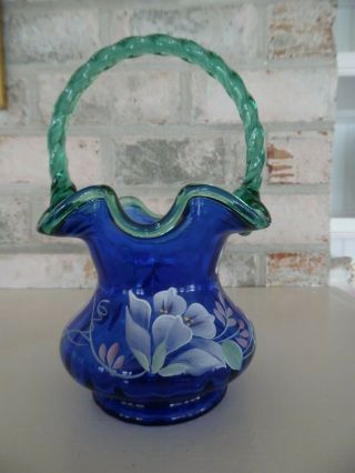 Vintage George Fenton Hand Painted Cobalt Blue Glass Basket 9 " Signed By Artist