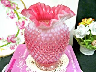 Fenton Cranberry And Opalescent Hobnail Large Ruffled Vase Pink Color