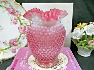 Fenton cranberry and Opalescent hobnail large ruffled VASE pink color 2