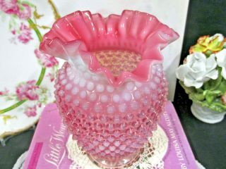 Fenton cranberry and Opalescent hobnail large ruffled VASE pink color 3