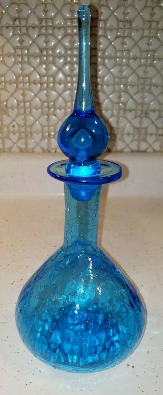 Vintage Blue Crackle Glass Decanter With Stopper