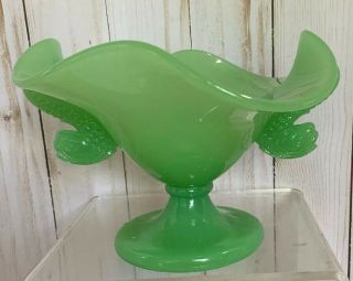 Vintage Green Art Glass Jadite Double Dolphin Handle Footed Compote/console Bowl