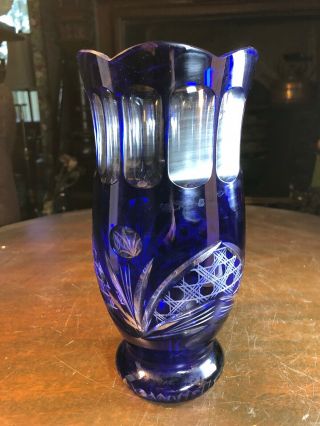 Vintage Cobalt Blue Cut To Clear Czech Bohemian Glass Crystal Cylindrical Vase