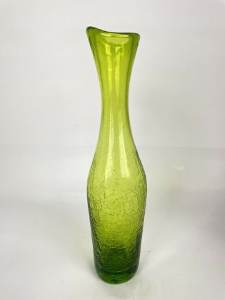 Vintage Blenko Crackle Glass Emerald Green Vase,  10.  5” Center Piece