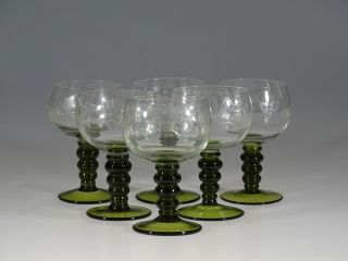 Set Of 6 Vintage German Green & Crystal Roemer Wine Glasses Grape Cutting C.  1965