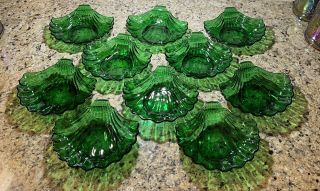Vintage Anchor Hocking Forest Green Glass Sea Shell Plates - Set Of 10