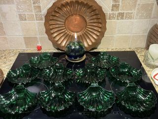 Vintage Anchor Hocking Forest Green Glass Sea Shell Plates - Set Of 10 3