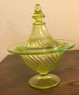 Vintage Yellow Vaseline Glass Covered Candy Dish Swirl 7 1/2 " Uranium