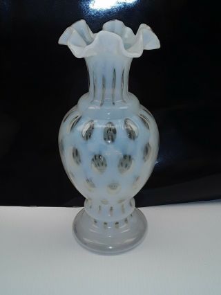 Vintage Fenton Opalescent White Coin Dot Vase Double Crimped Ruffled Rim 11 " Usa