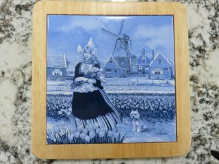 Delftware Blue Ter Steege Framed Tile/trivet Holland Dutch Girl 7 1/2 " Square Ex