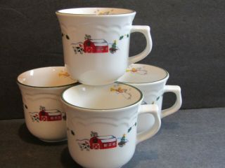 Pfaltzgraff Snow Village Set Of 4 Cup/mugs Christmas Angel Red Barn Stoneware