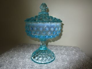 Fenton Blue Opalescent Hobnail Pedestal Compote Candy Dish Lid Vintage