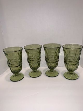 4 Vintage Fostoria Argus Green Glass Footed Ice Tea 6 5/8 " Glasses Goblets
