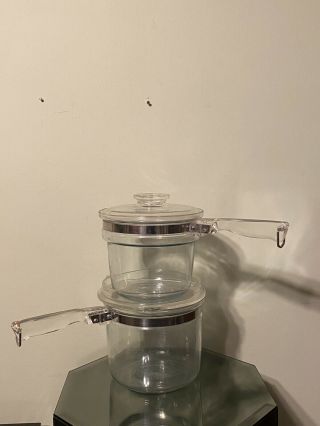 Vintage 4 Piece Pyrex Flameware Glass Double Boiler Pot With Lids 1 1/2 Qt