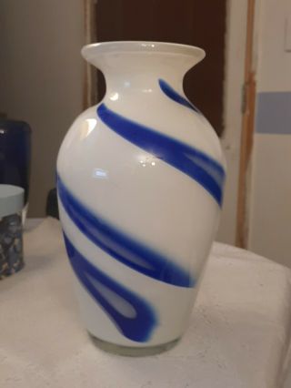 Art Glass Vase,  Murano Style Studio Art Glass Vase,  Hand Blown Blue/white Vase