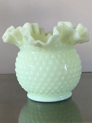 Vintage Fenton Art Glass 5 1/4” Custard Hobnail Rose Bowl Vase Ruffled Crimp Rim