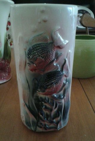 Royal Copley Cylinder Vase Koi (?) Fish In Maroon & Grey Mid Century Modern