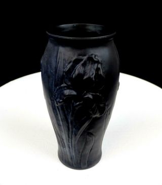 Tiffin Glass Black Satin Finish Embossed Iris Art Deco 6 1/2 " Vase 1930 