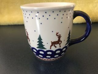 Boleslawiec Polish Pottery Coffee Mug Reindeer Pine Handmade