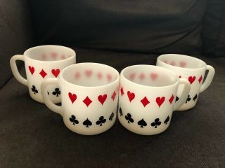 Vintage Federal Glass Coffee Mugs 4pc Poker Playing Card Suites Club Spade Heart