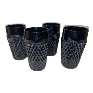 4 Vintage Indiana Glass Tiara Art Deco Black Vase 6”tumblers Pyramid Design