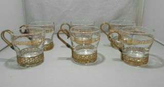 Vintage Libbey Clear Glass Mugs With Greek Key Metal Holders Set Of 6