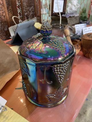 Indiana Blue Grape Harvest Carnival Glass Cookie Jar Canister Iridescent W/lid