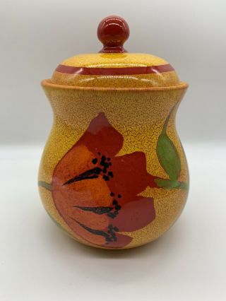 Italian Ceramic Pottery Jar With Lid Hand Made & Hand Painted 8” X 5”
