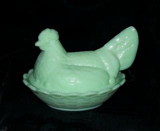 Vtg▪fenton▪8 1/4 " ▪jadeite Green Glass Hen Chicken On Nest Covered Bowl▪signed
