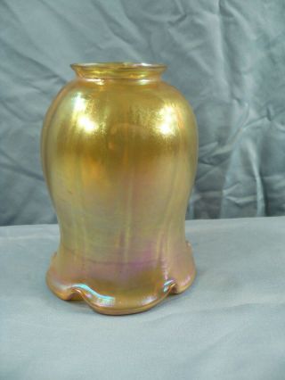 Vintage Quezal Steuben Gold Aurene Glass Ribbed Shade 2 1/4 " Fitter 5 1/4 " Tall